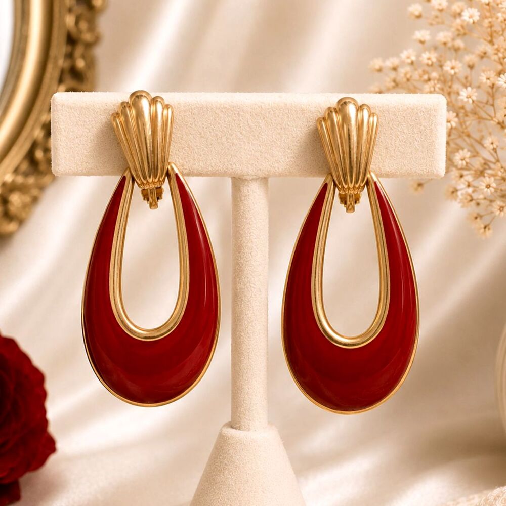 Vintage Napier Burgundy Enamel Gold Tone Doorknocker Clip Earrings